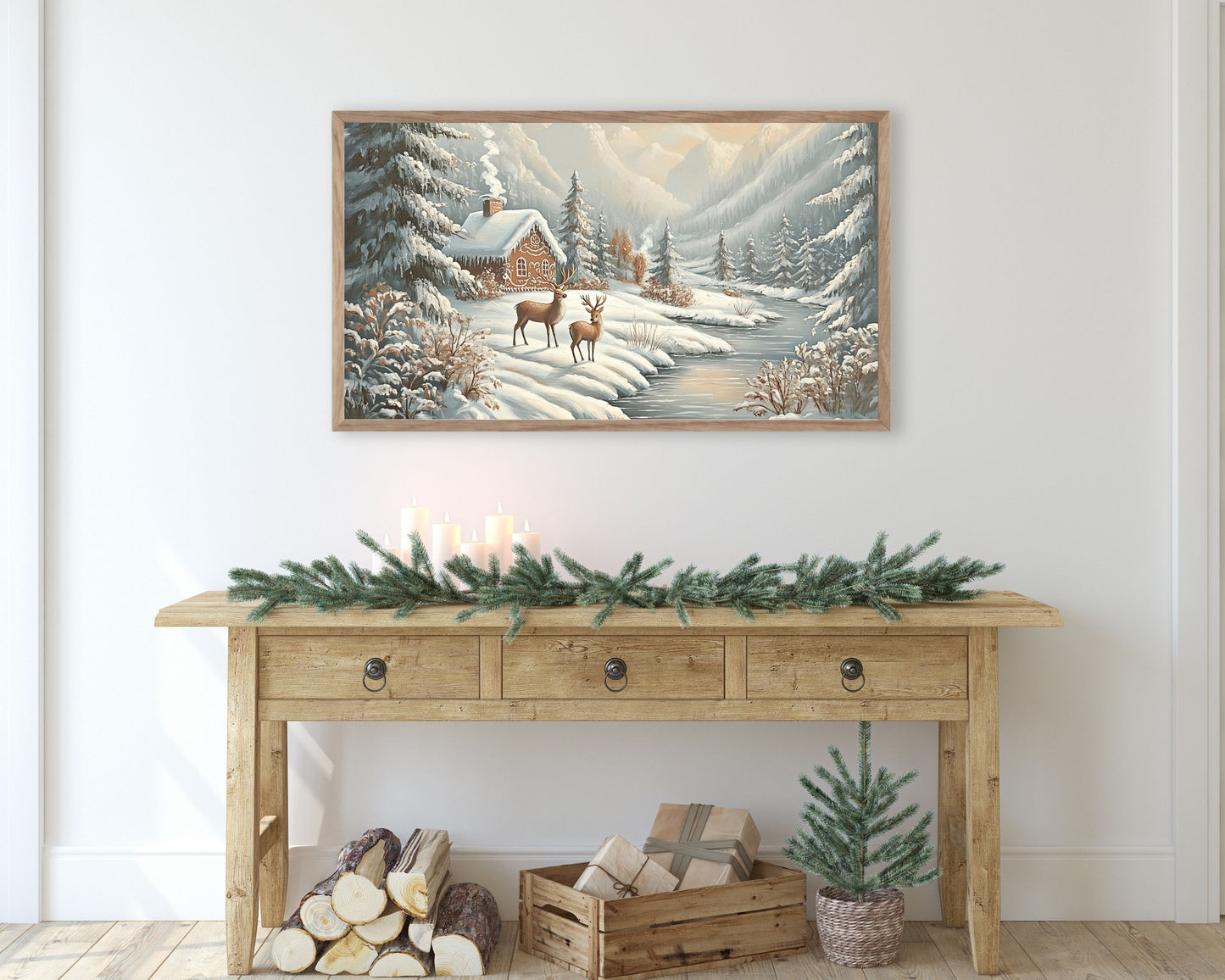 Deer and Gingerbread House Christmas Frame TV Art