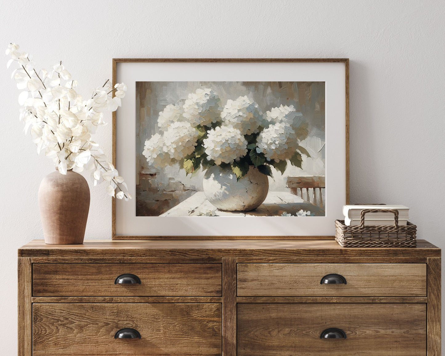 PRINTABLE White Hydrangeas Print, Vintage style still life flowers wall art, Neutral Spring floral print rustic farmhouse download | P056