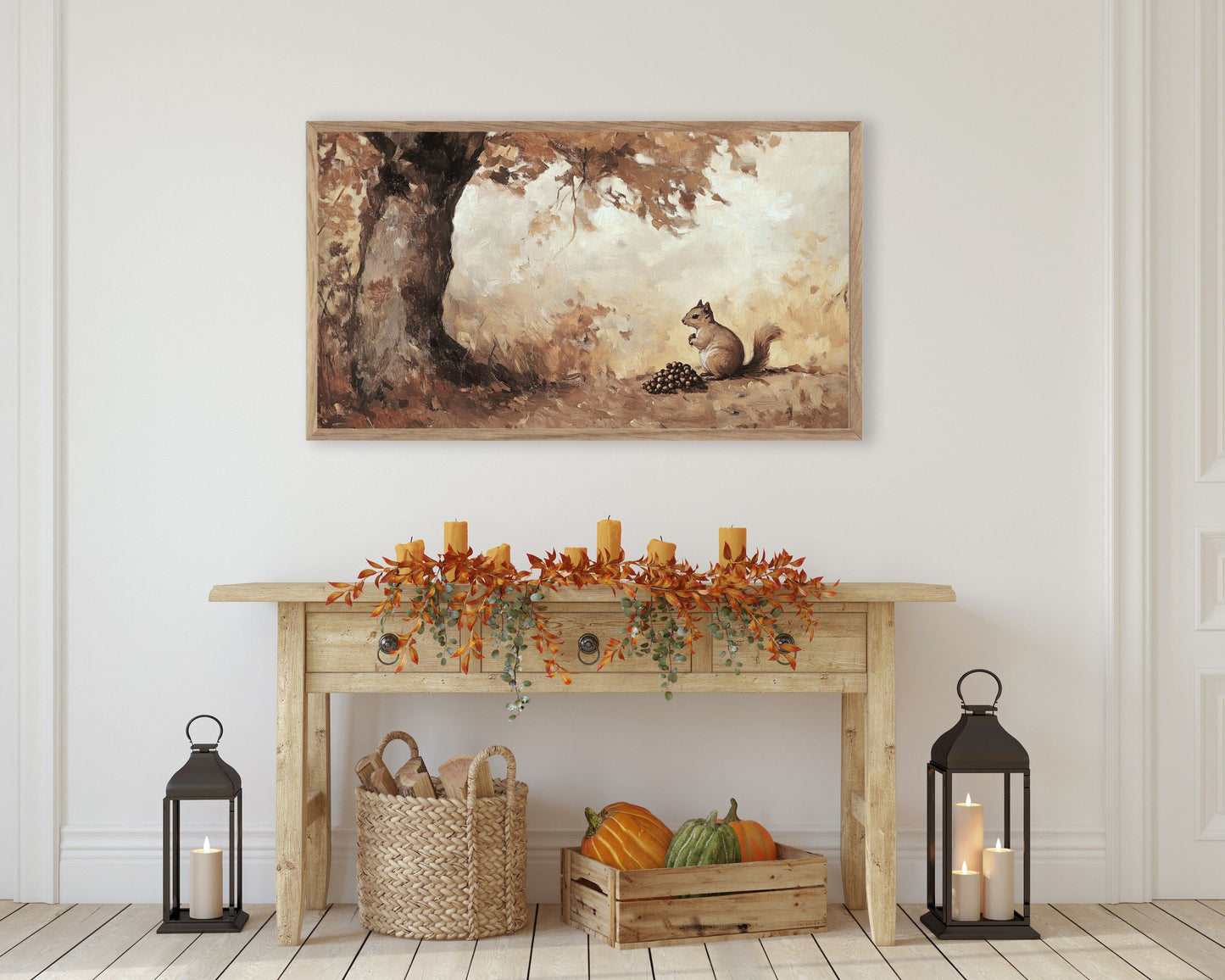 Squirrel and Acorns in Fall Landscape Frame TV Art