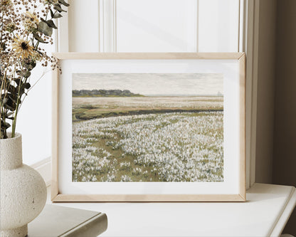 PRINTABLE Vintage Spring Meadow print, Summer landscape print, Country farmhouse wall art, White wildflowers print digital download | P031