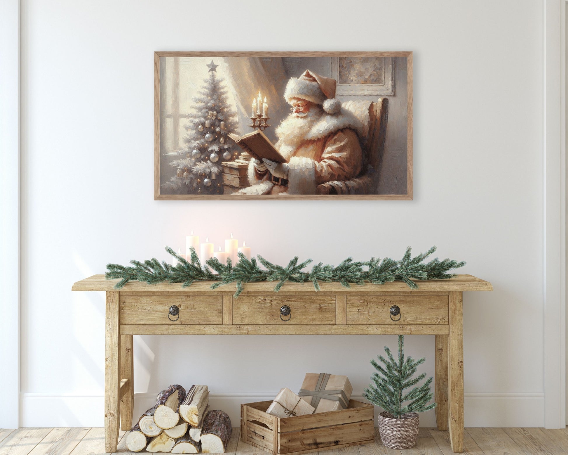 Santa Reading Neutral Christmas Frame TV Art