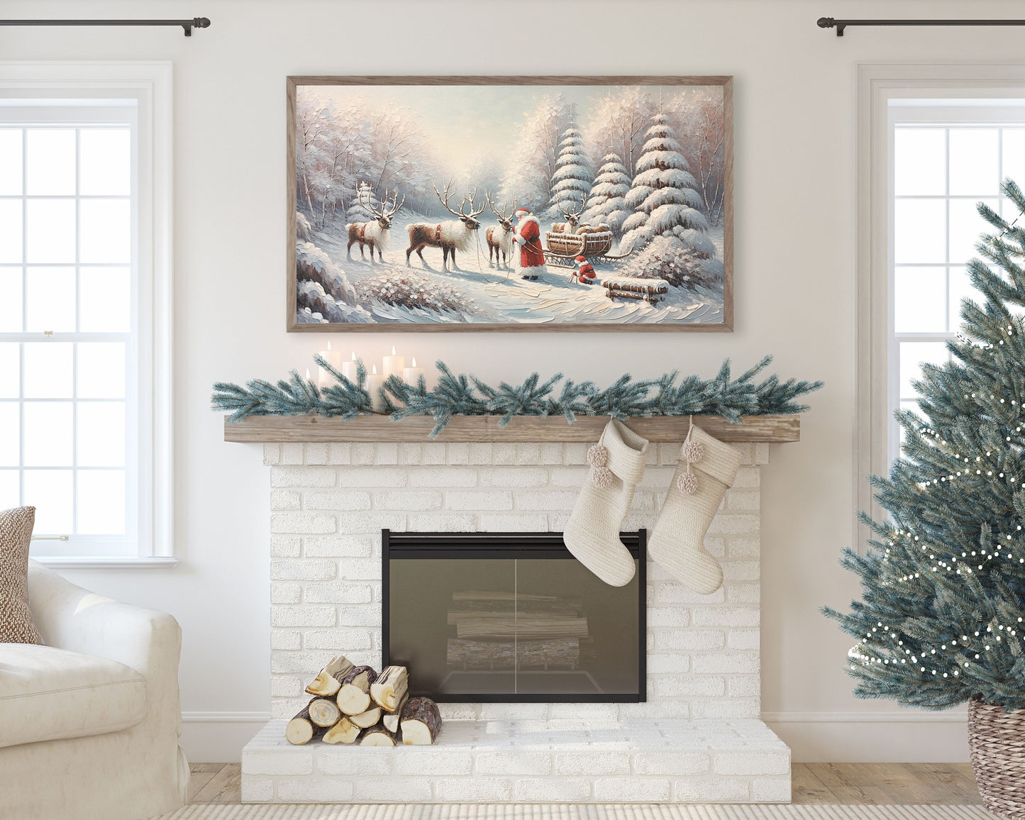 Santa And Reindeer Frame TV Art