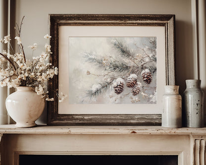 PRINTABLE Pine Cones Print, Vintage Style Wall Art Tree Branch in Snow, Neutral Winter Painting Modern Organic Farmhouse Home Decor | P100