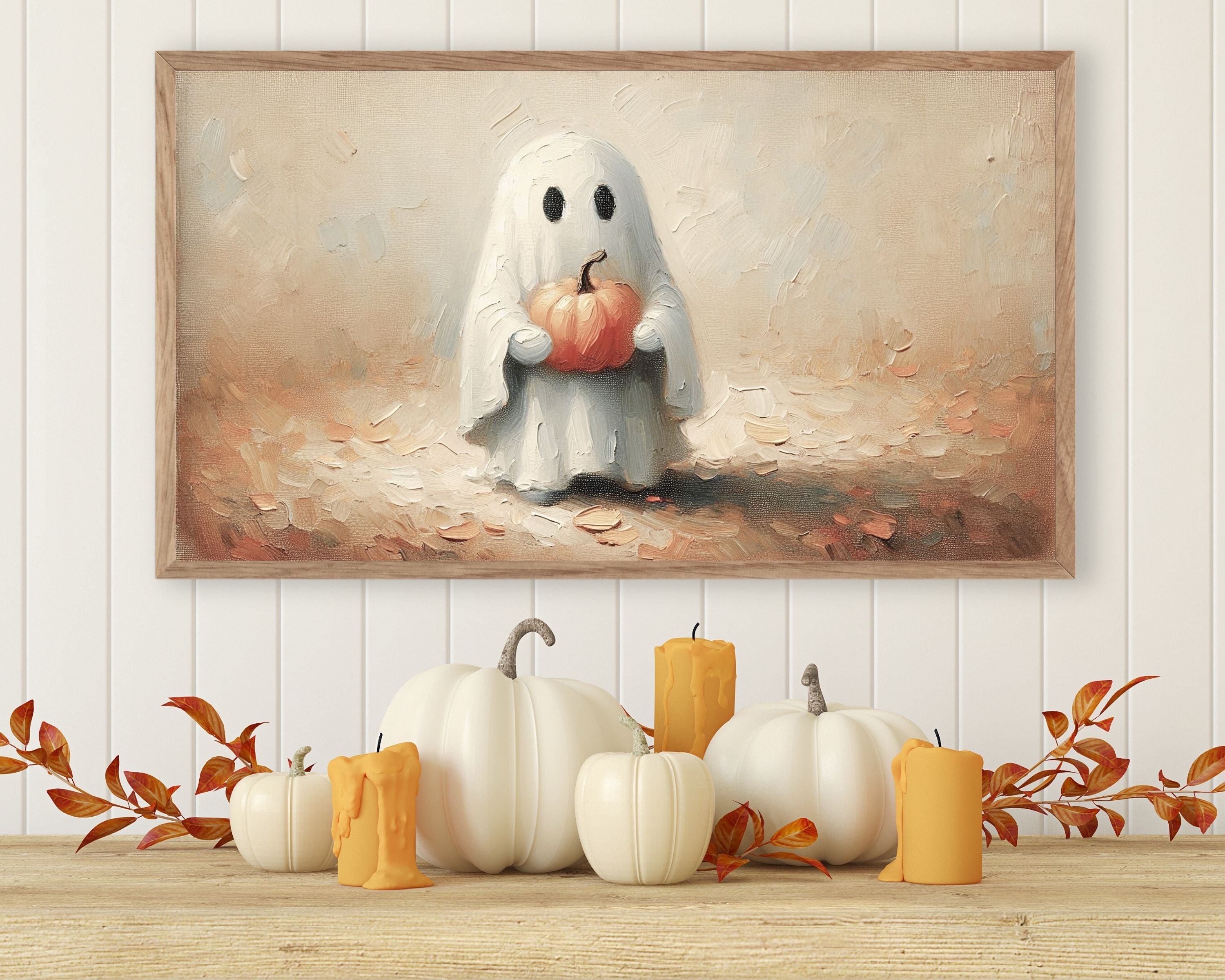 Halloween ghost offers holding pumpkins