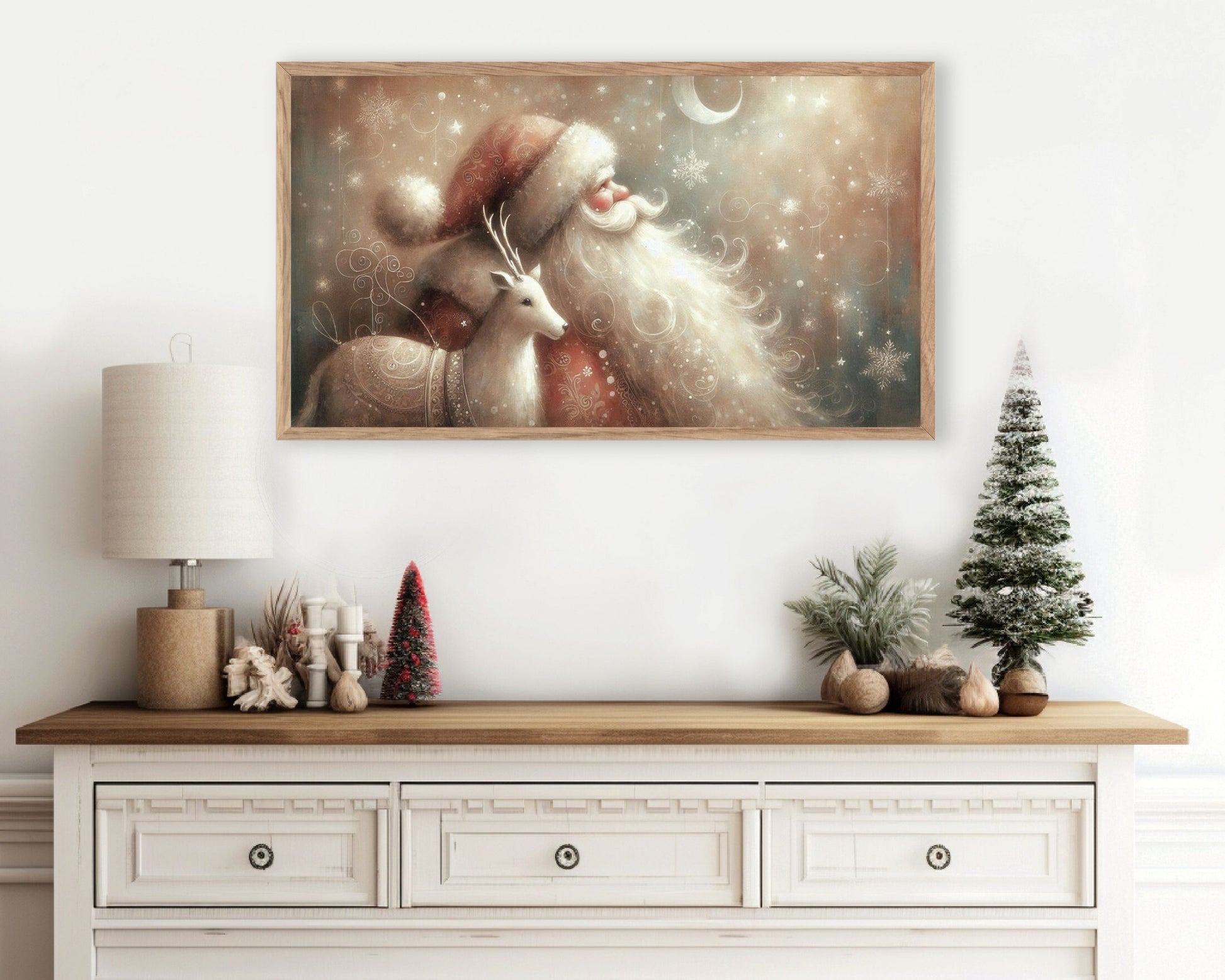 Santa and Deer Whimsical Christmas Frame TV Art