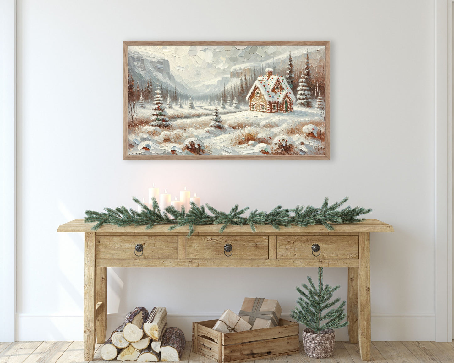 Gingerbread House in Winter Landscape Christmas Frame TV Art