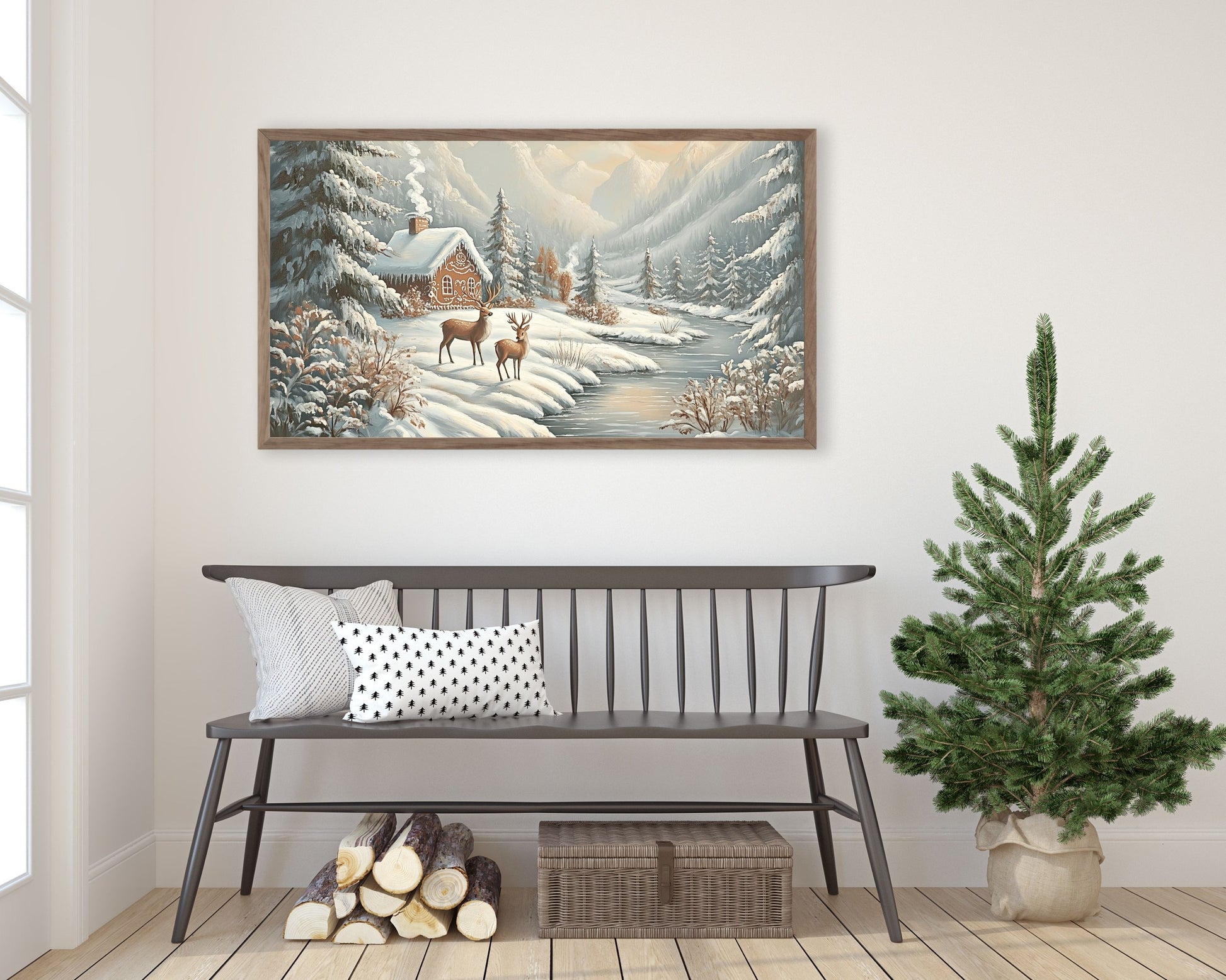 Deer and Gingerbread House Christmas Frame TV Art