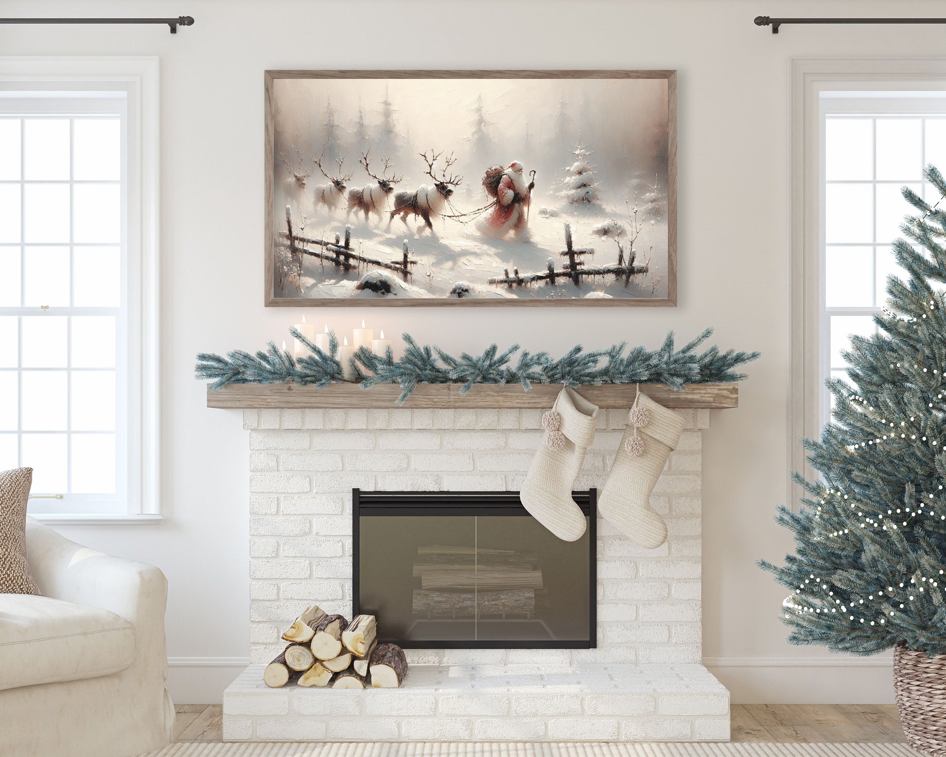 Santa Leading Reindeer Christmas Frame TV Art