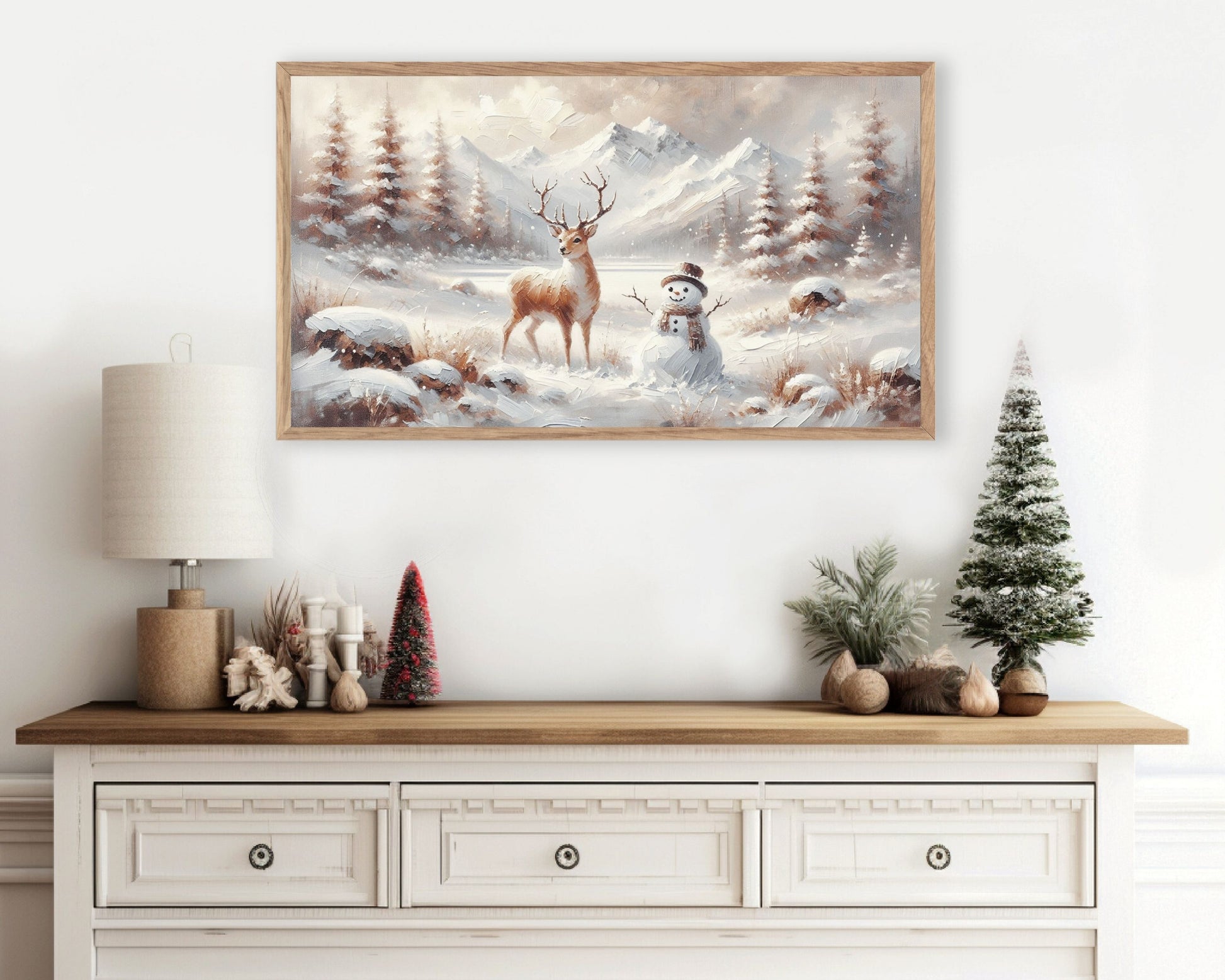 Snowman and Deer in Winter Landscape Frame TV Art