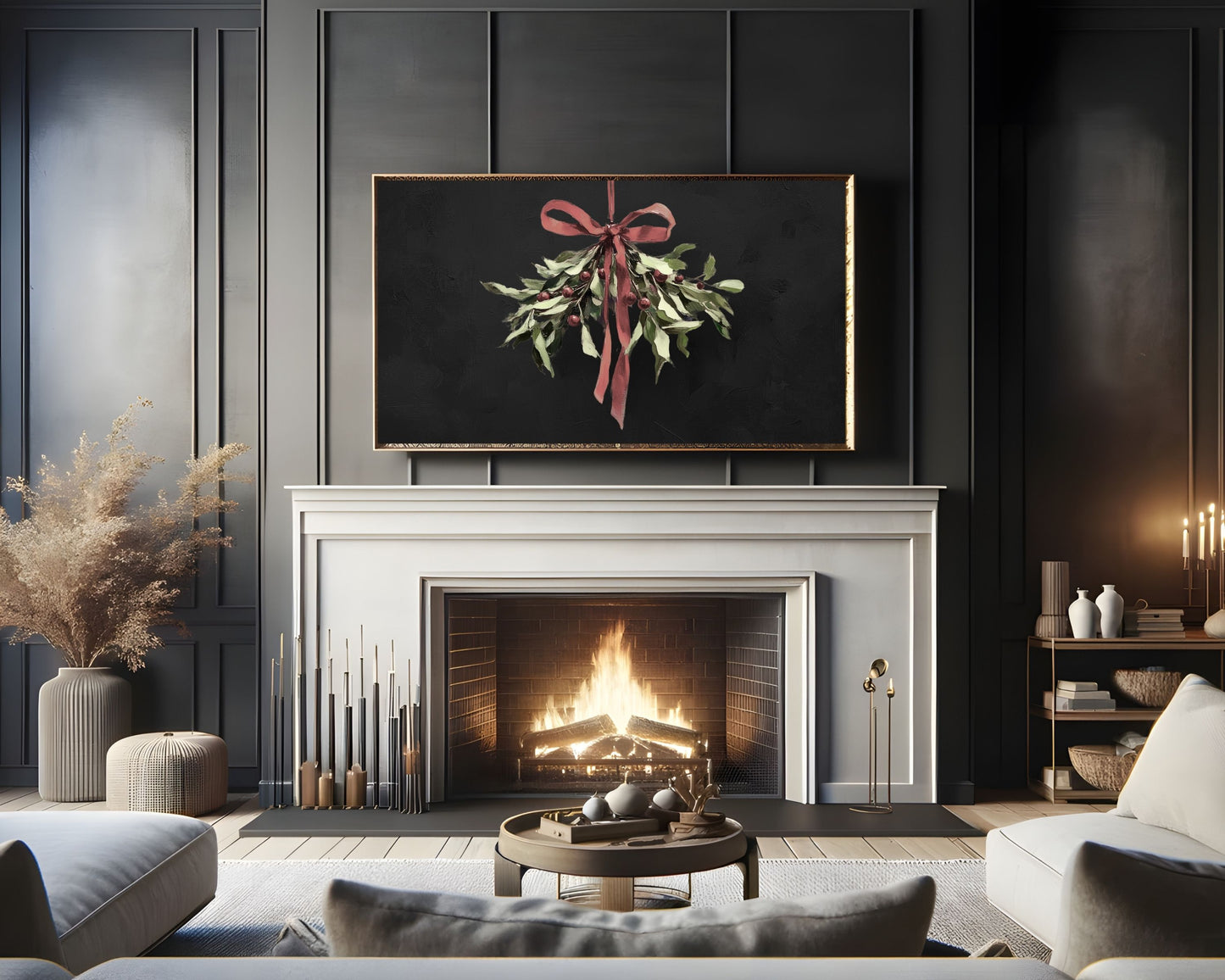 Christmas FRAME TV art Mistletoe with Red Bow, Samsung Frame tv art vintage style still life painting, Red green black Xmas art | TV549