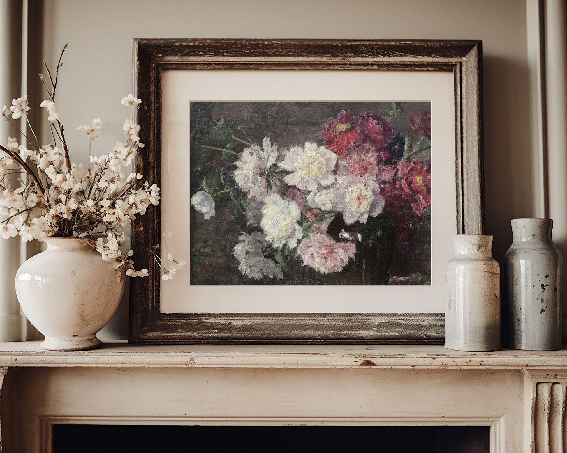 PRINTABLE Moody Pink Floral Print, Vintage painting still life wall art, Spring flowers print, Bedroom wall art print download | P063