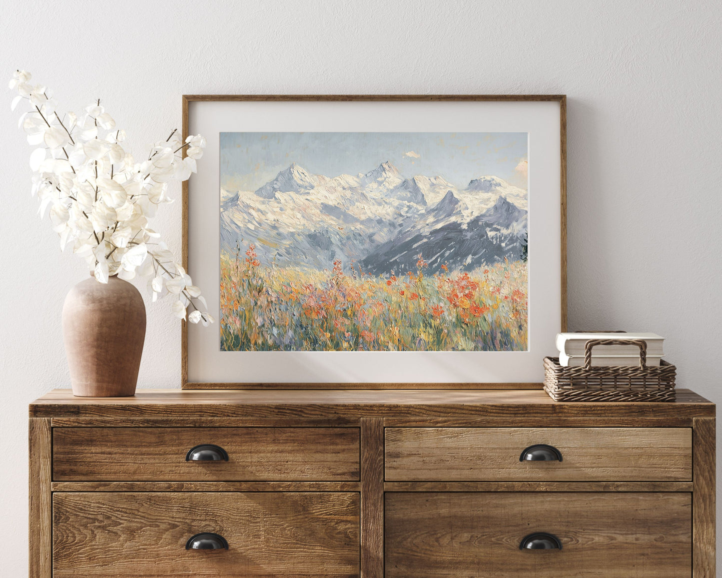 PRINTABLE Alps and Wildflowers Print, Vintage Style Winter Floral Wall Art, Textured Spring landscape painting Swiss Mountains | P097