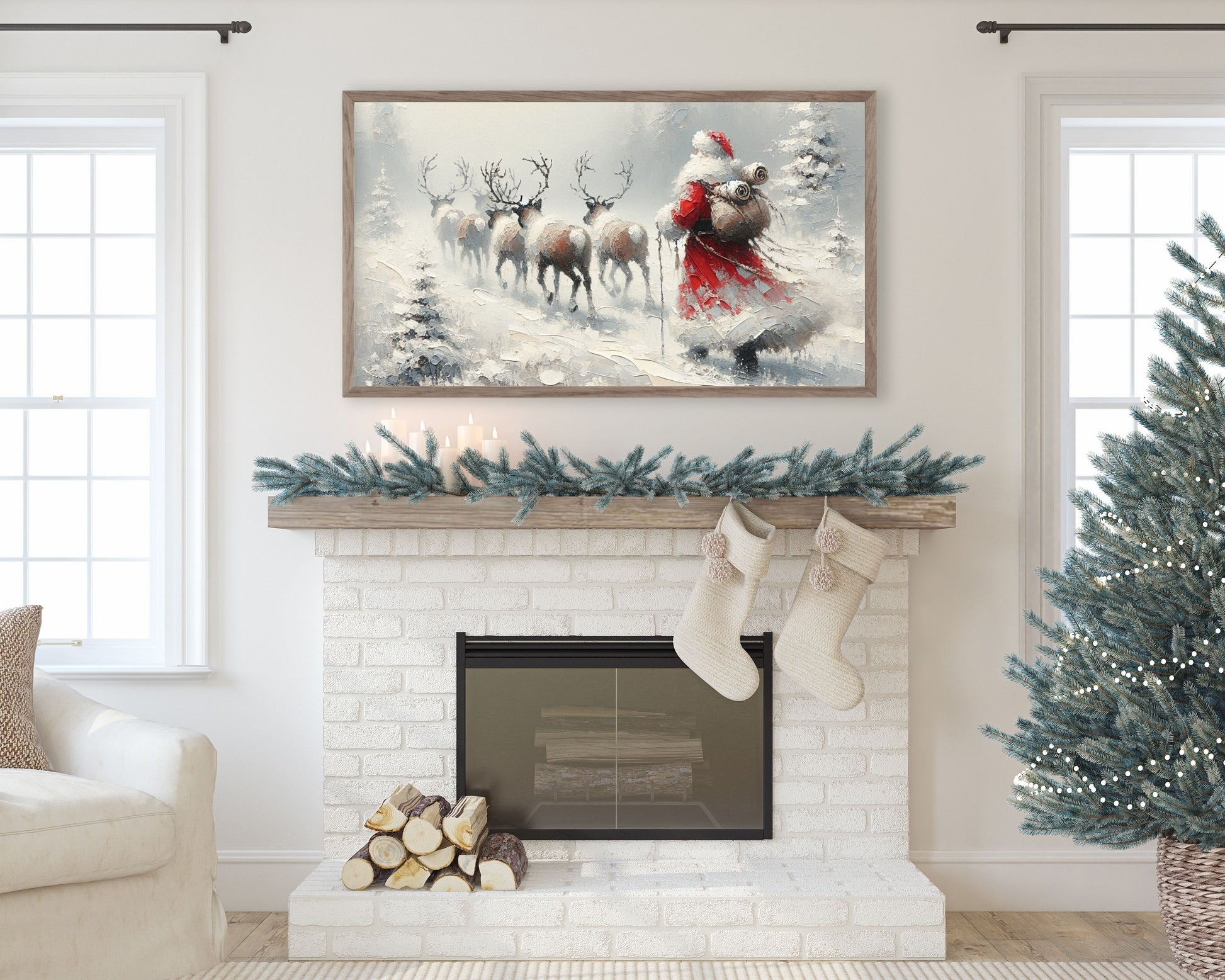 Santa Walking with Reindeer Christmas Frame TV Art