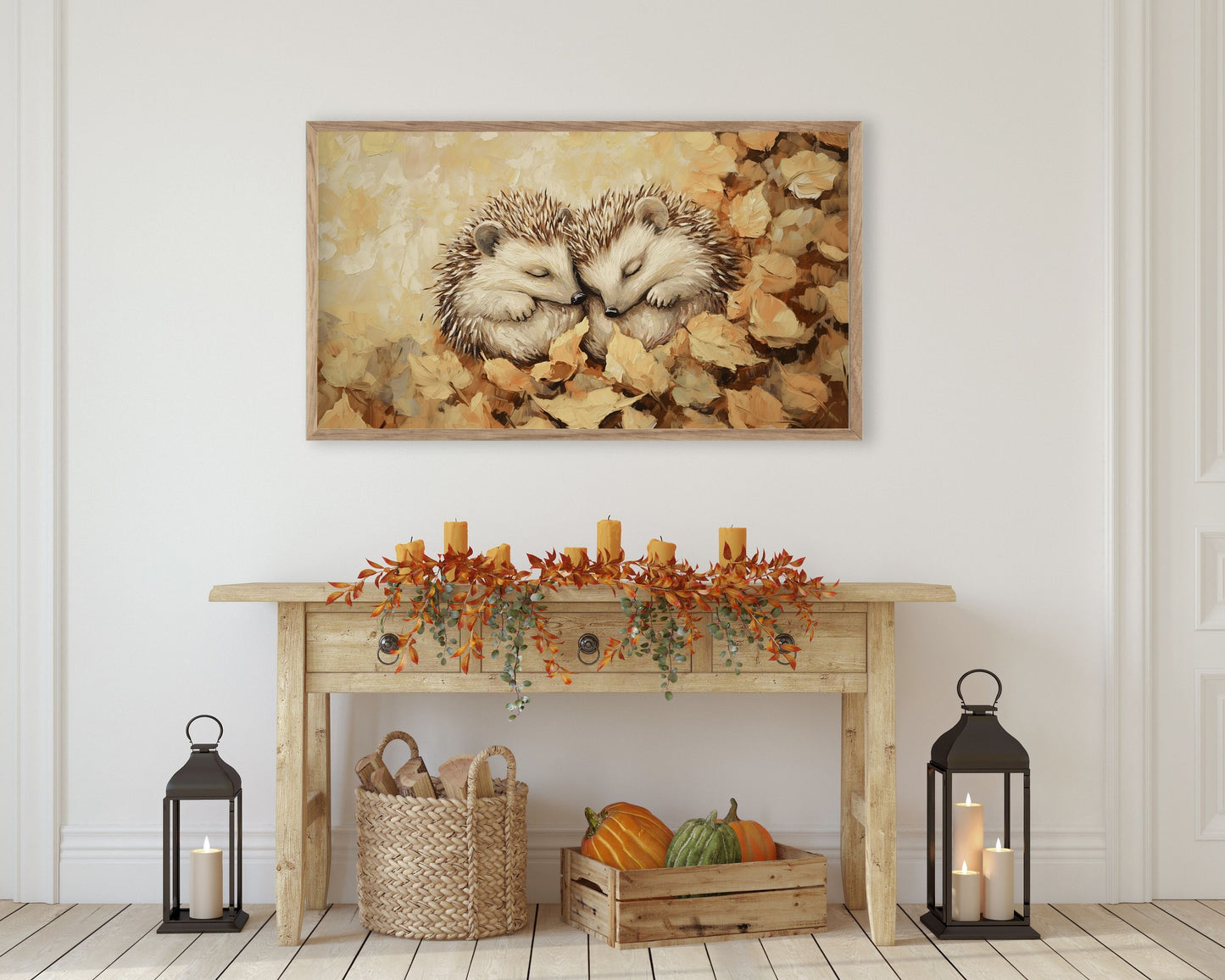 Hedgehog Couple Sleeping in Fall Leaves Frame TV Art