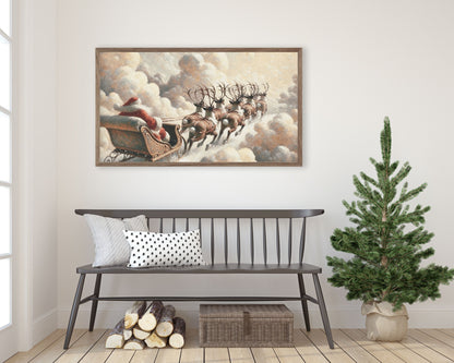 Santa and Reindeer Flying Sleigh Frame TV Art