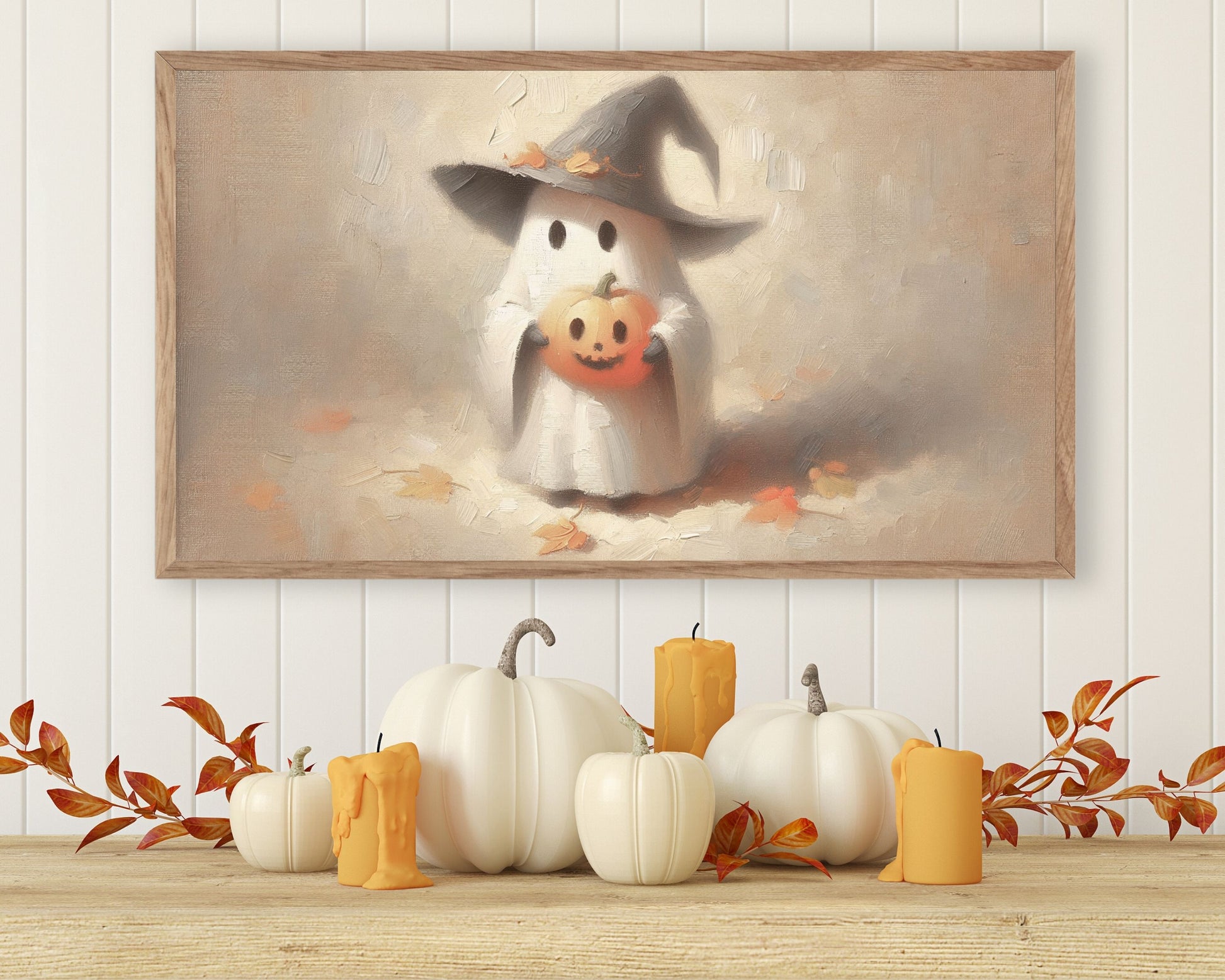 Cute Ghost in Witch's Hat Halloween Frame TV Art