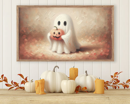 Halloween Ghost Holding Pumpkin Frame TV Art