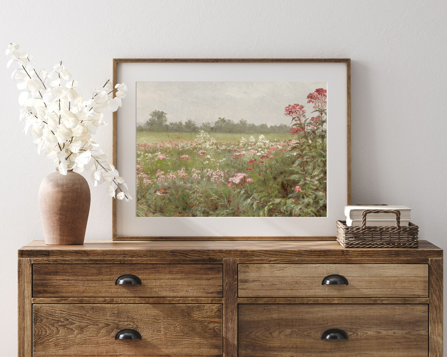 PRINTABLE Pink Wildflowers Wall Art, Vintage painting field of flowers print, Spring floral landscape print, Instant digital download | P054