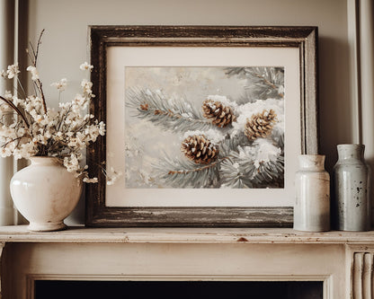 PRINTABLE Pinecones Print, Vintage Style Wall Art Tree Branch in Snow, Neutral Winter Painting Modern Organic Farmhouse Home Decor | P101