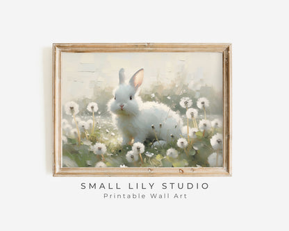 White Bunny in Dandelions Printable Wall Art