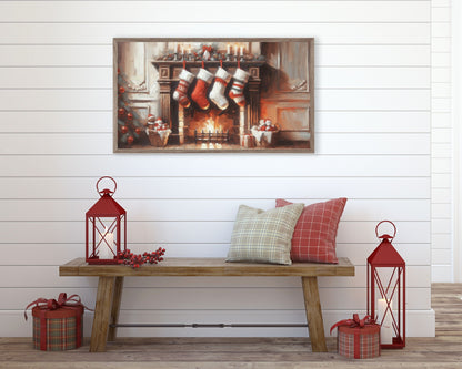 Christmas Stockings By Fireplace Frame TV Art