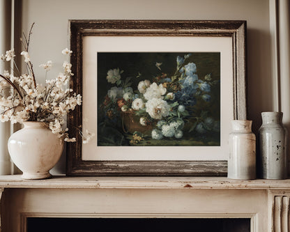 PRINTABLE Moody Blue Floral Wall Art, Vintage painting still life flowers print, Spring floral print dark, Instant digital download | P055