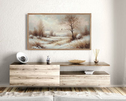 Bird in Winter Landscape Neutral Frame TV Art