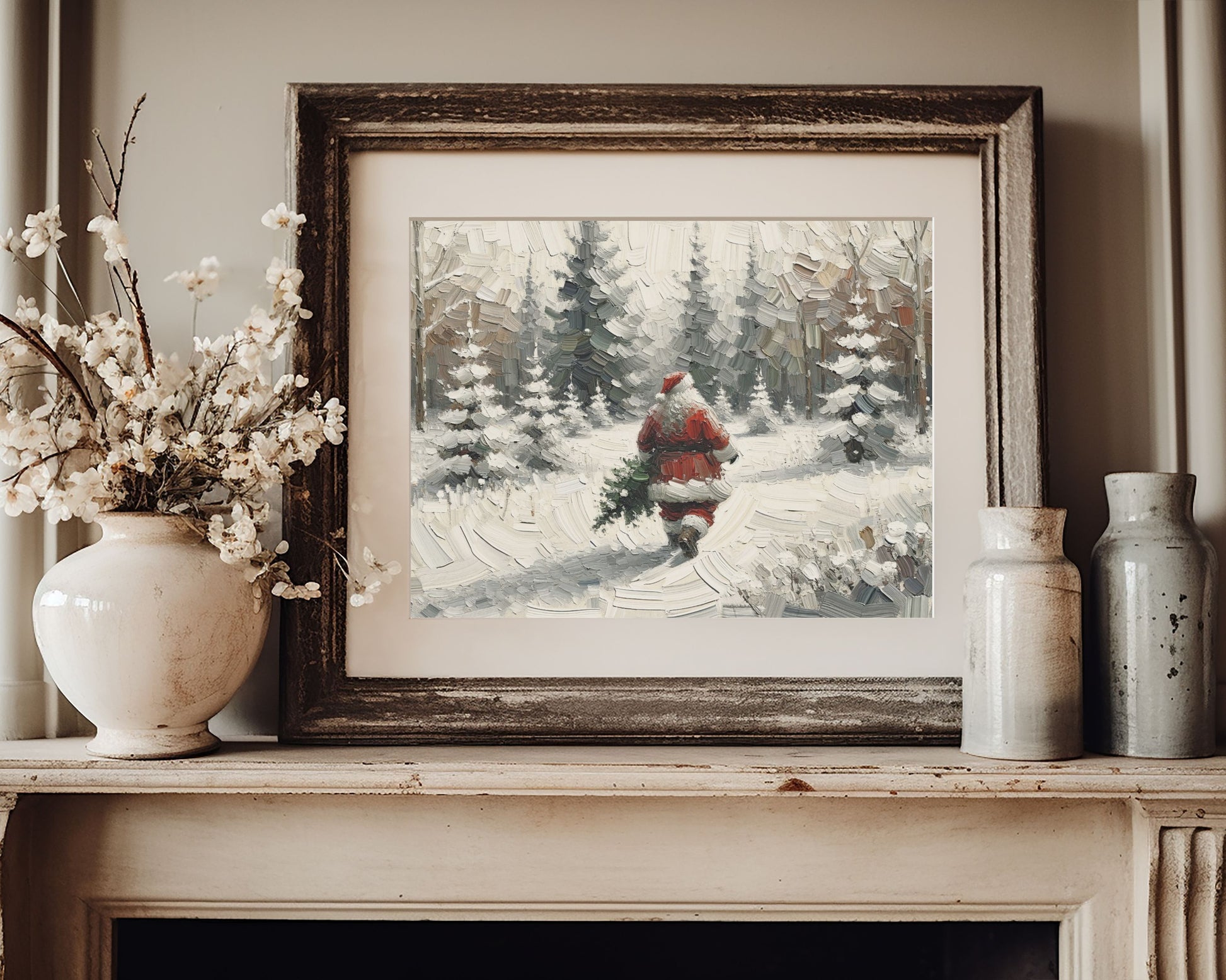 PRINTABLE Santa Walking in Snow Print, Vintage Style Xmas Wall Art for kids, Neutral white winter landscape textured painting | P095