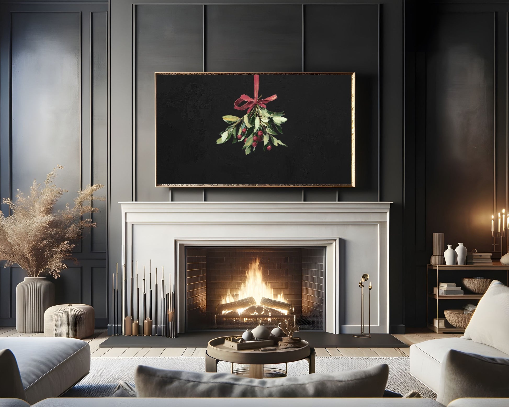 Christmas FRAME TV art Mistletoe with Red Bow, Samsung Frame tv art vintage style still life painting, Red green black cute Xmas art | TV548