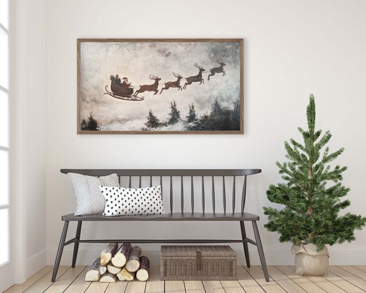 Santa's Sleigh and Reindeer Christmas Frame TV Art