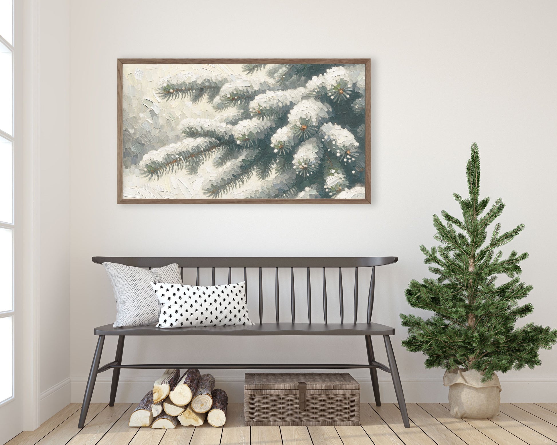 Pine Tree Branch in Snow Winter Frame TV Art