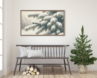 Pine Tree Branch in Snow Winter Frame TV Art