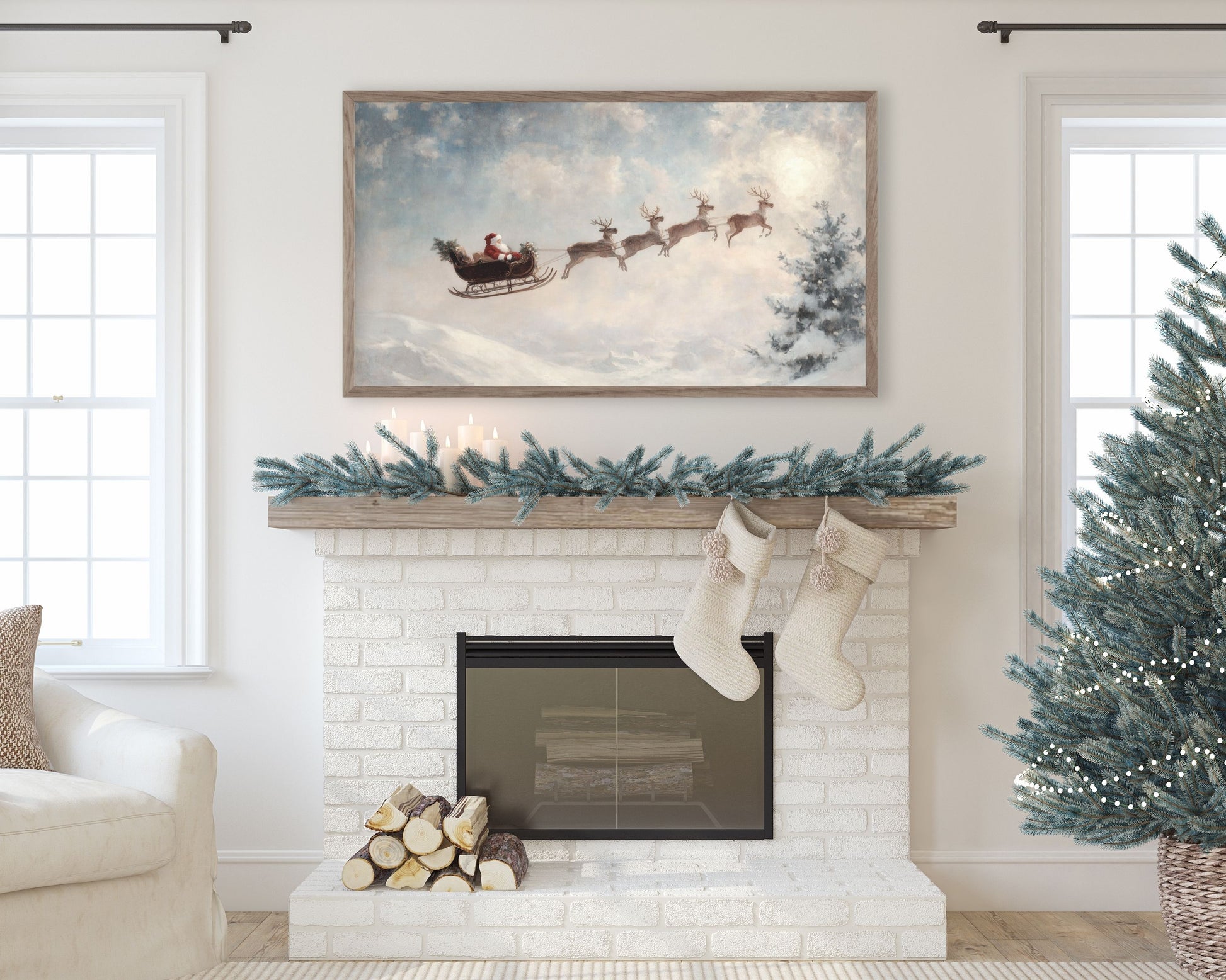 Santa and Reindeer Flying Christmas Frame TV Art