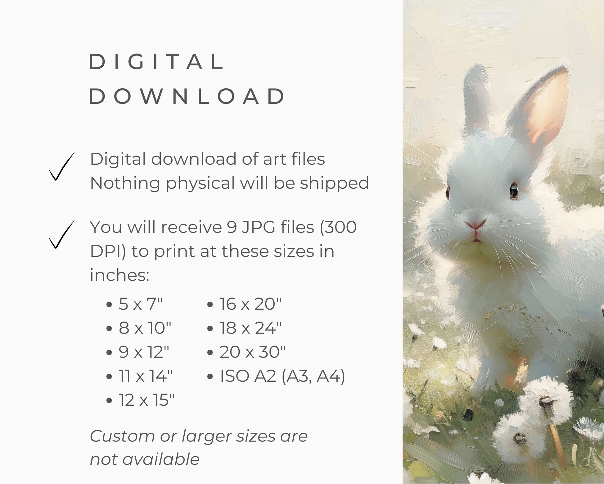 White Bunny in Dandelions Printable Wall Art