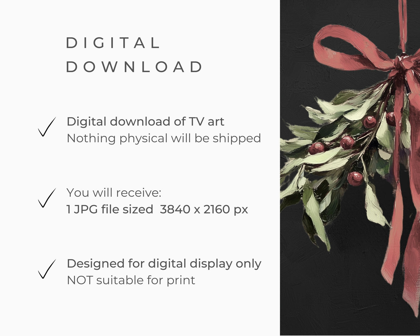 Christmas FRAME TV art Mistletoe with Red Bow, Samsung Frame tv art vintage style still life painting, Red green black Xmas art | TV549