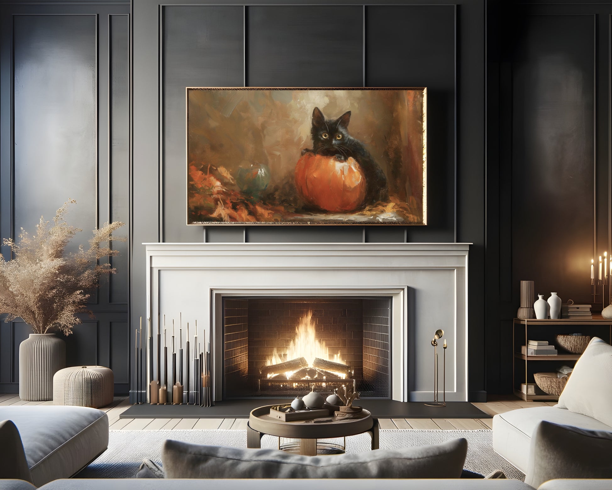 Halloween Black Cat on Pumpkin Frame TV Art