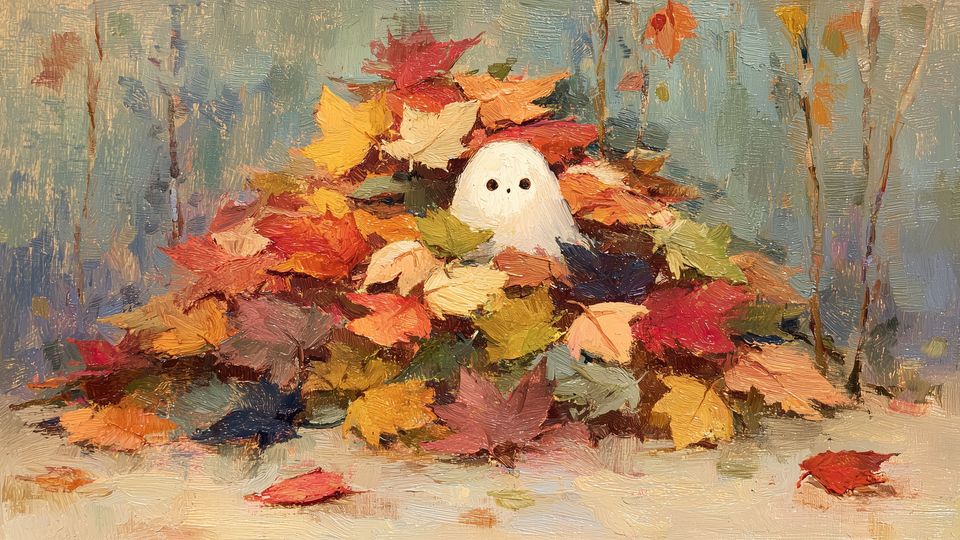 Small white ghost in a pile of colorful autumn leaves Frame TV art