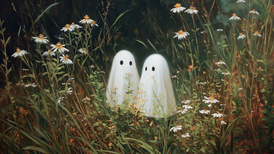 Two ghosts in a field of flowers at night Frame TV art
