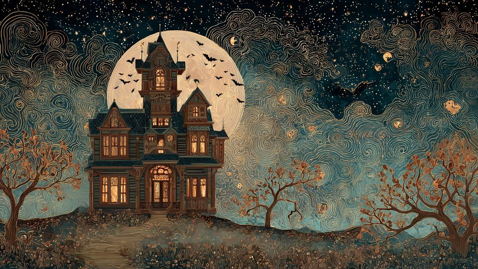 Haunted house at night with full moon and bats Frame TV art