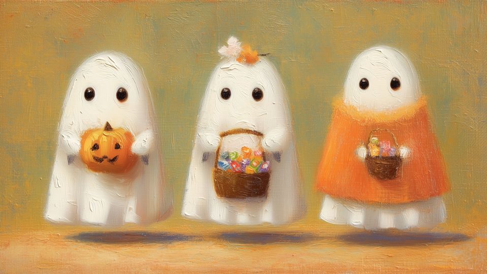 Three cartoon ghosts with Halloween-themed accessories Frame TV art