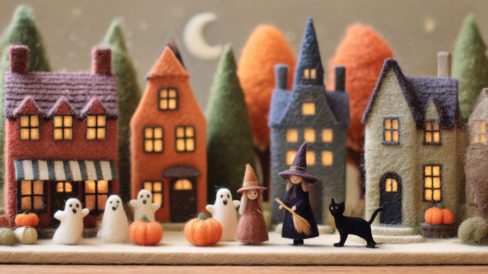Halloween-themed miniature village with houses, ghosts, a witch, and a black cat Frame TV art