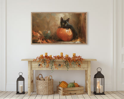 Halloween Black Cat on Pumpkin Frame TV Art