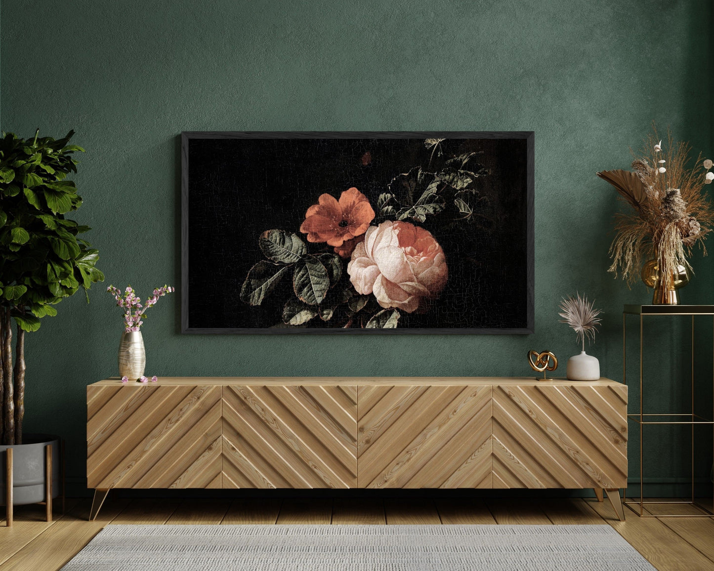 Dark Botanical Flowers Pink Frame TV Art