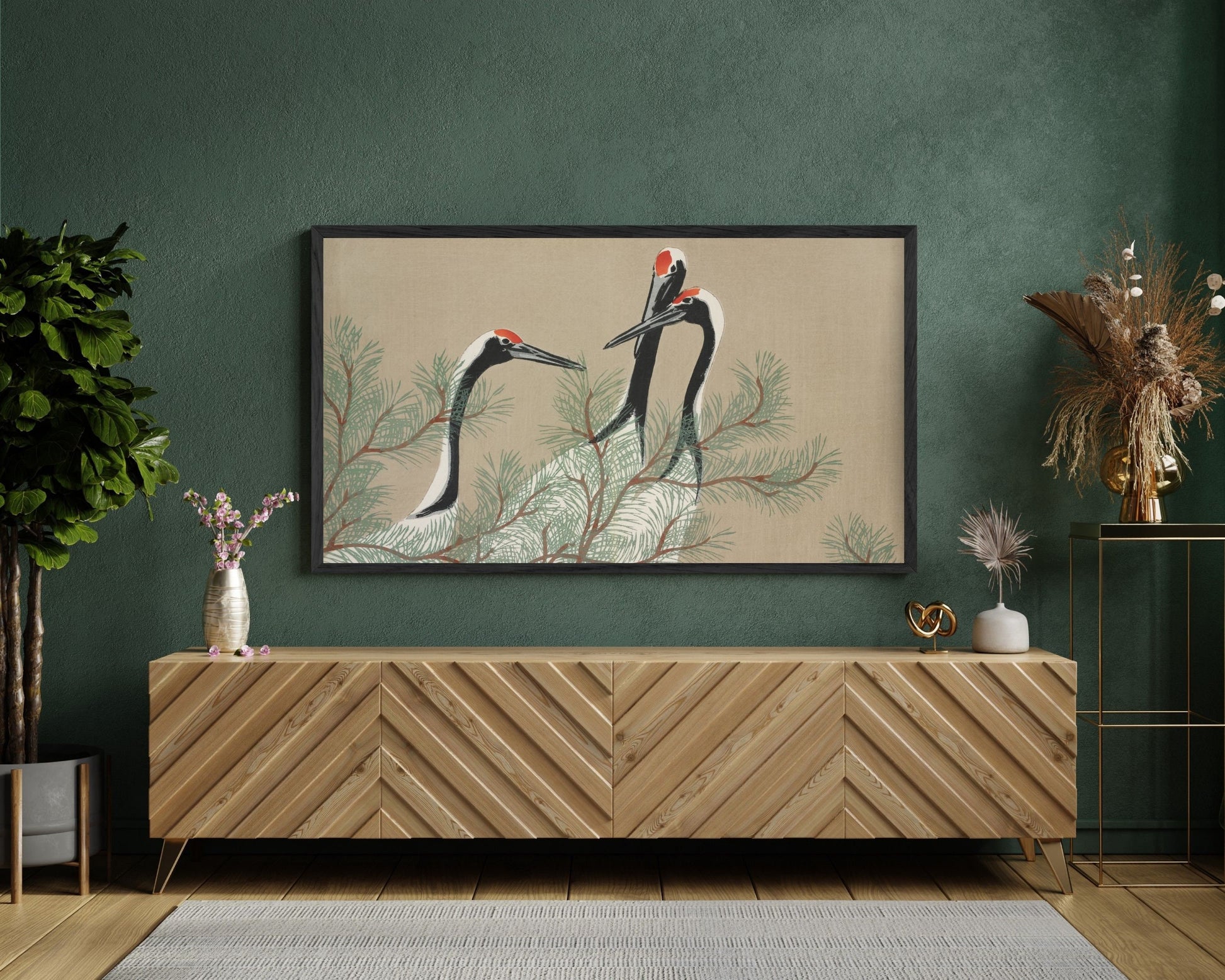 Japanese Cranes Wintage Wood Block Frame TV Art