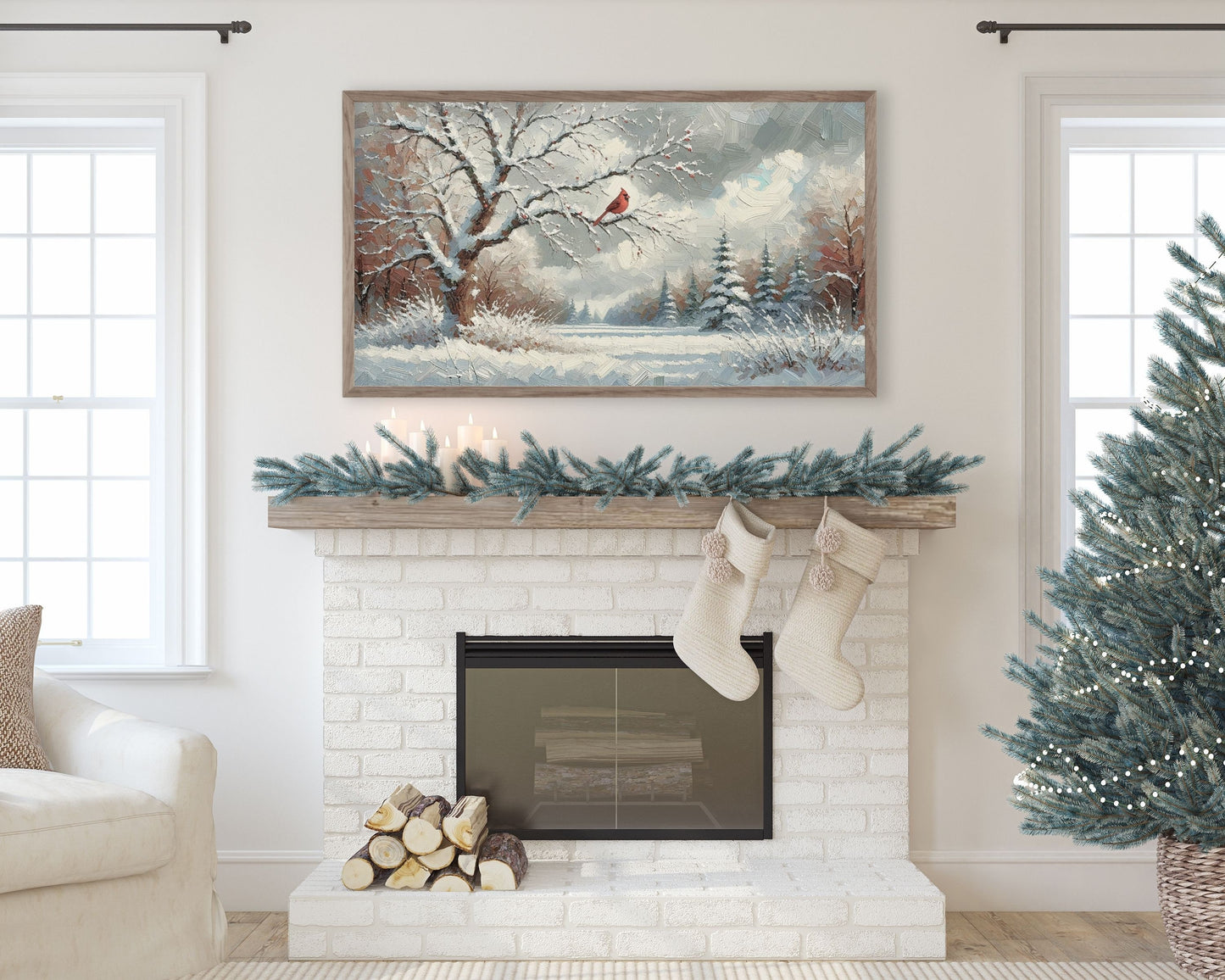 Red Cardinal In Winter Landscape Frame TV Art