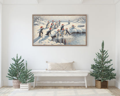 Christmas Penguins In Santa Hats Frame TV Art