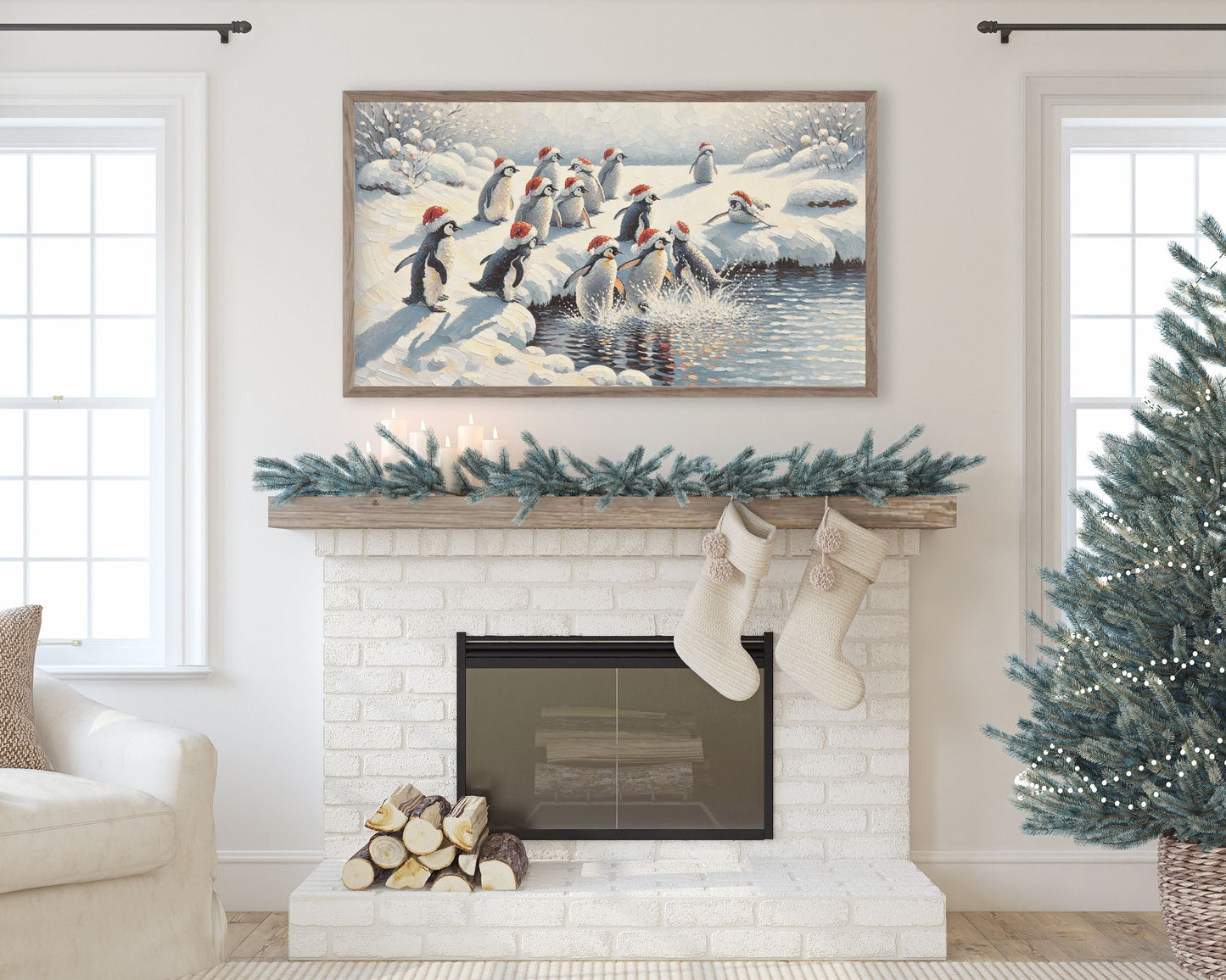 Christmas Penguins In Santa Hats Frame TV Art