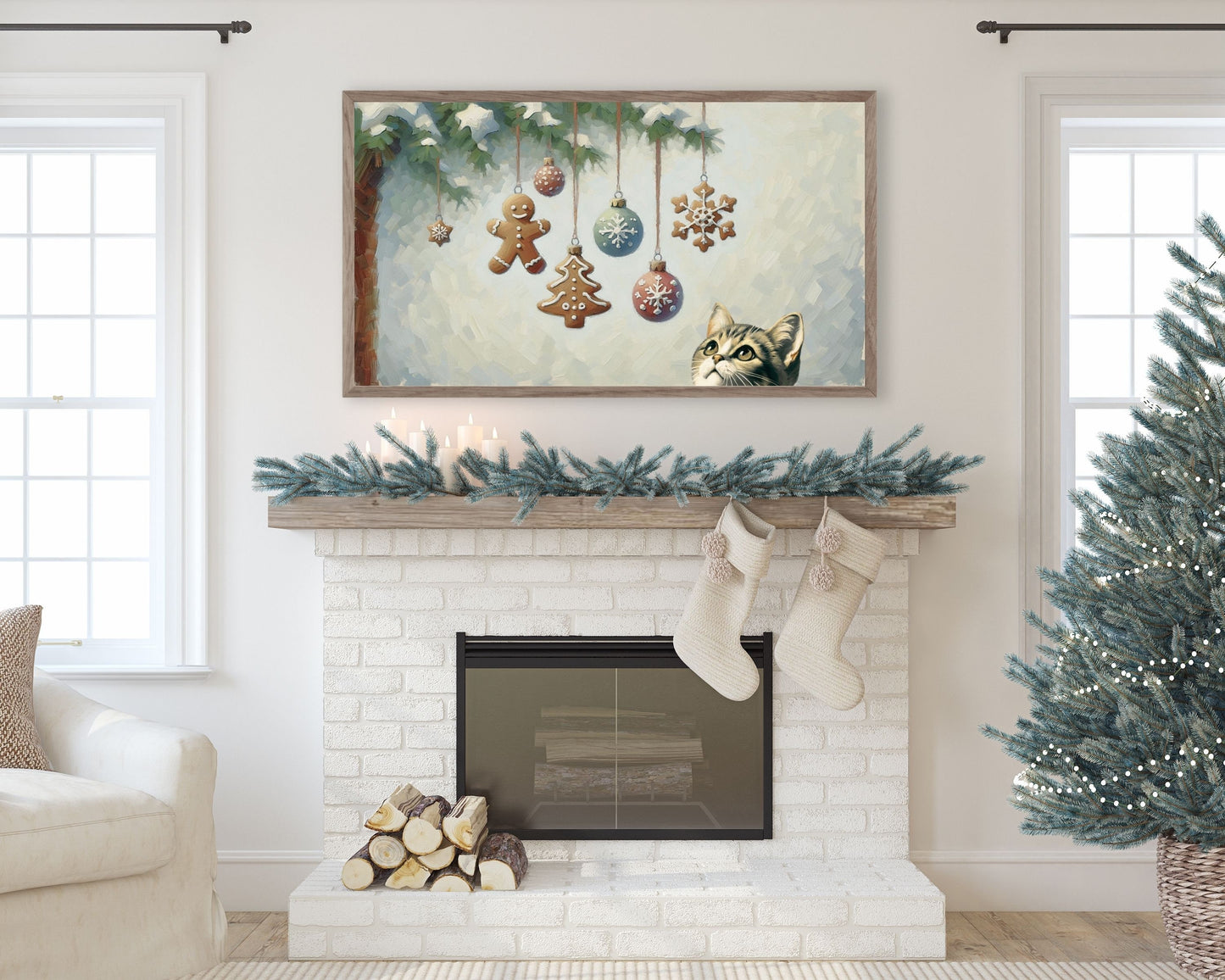 Christmas Tree And Cat Frame TV Art