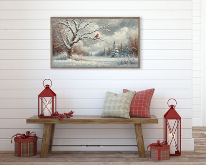 Red Cardinal In Winter Landscape Frame TV Art