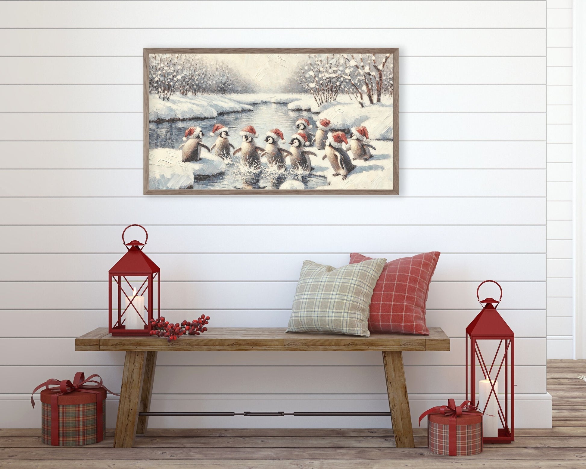 Penguins In Santa Hats Frame TV Art